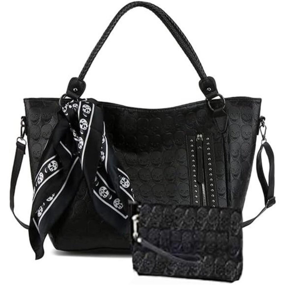 Women Skull Tote Bag Revit Studded Handbag Pu Leather Purse and Wallet Scarf 3Pc